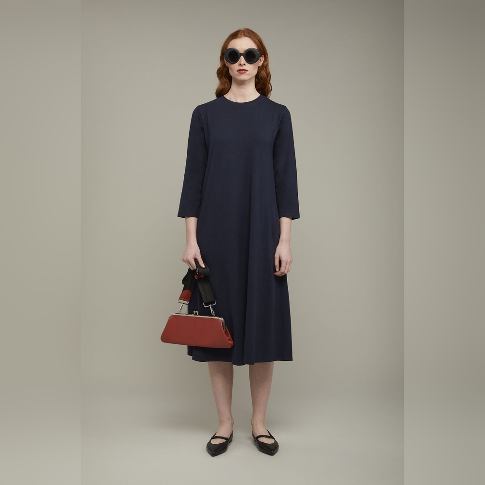COS Navy Cotton Knit + Silk Trim Button Back Dress S
